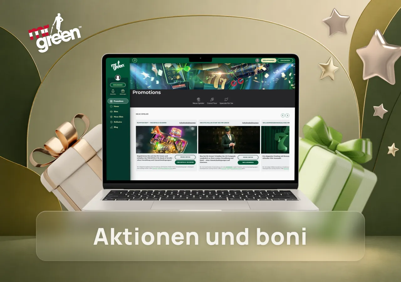 Bonusübersicht mit Geschenken und allen verfügbaren Aktionen für neue und bestehende Spieler.